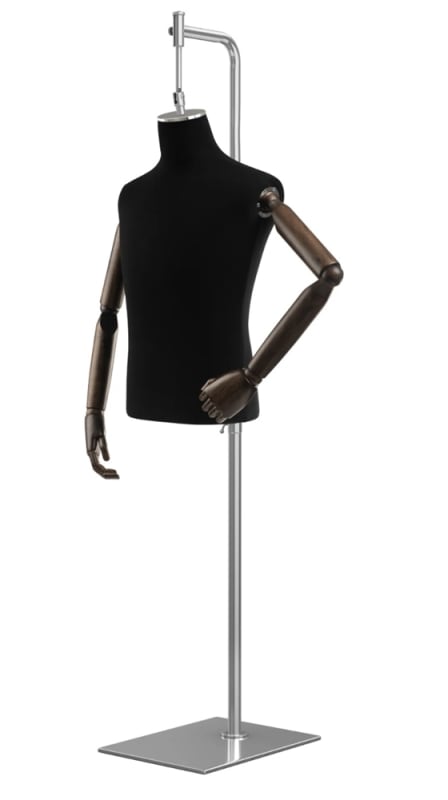 Male display dress form with natural canvas torso on metal hanging base adjustable retail mannequin for boutiques and designers