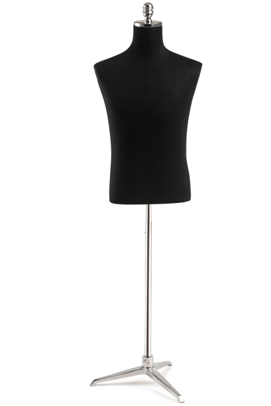 Male display dress form with natural canvas torso on metal tripod base adjustable retail mannequin for boutiques and designers