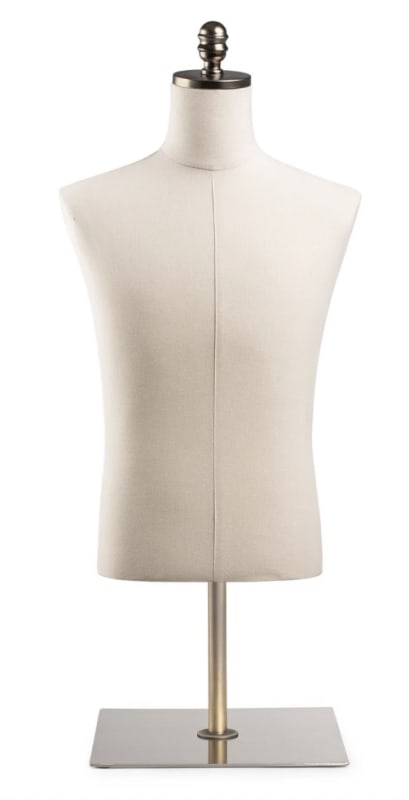 Male display dress form with natural canvas torso on flat metal countertop base - adjustable retail mannequin for boutiques and designers