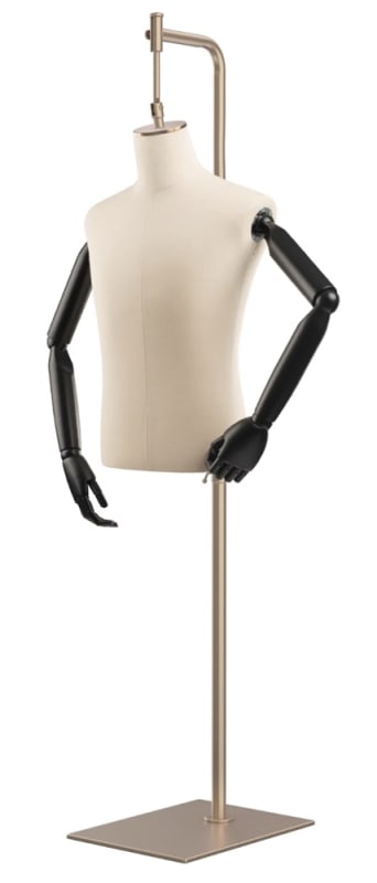 Male display dress form with natural canvas torso on metal hanging base - adjustable retail mannequin for boutiques and designers