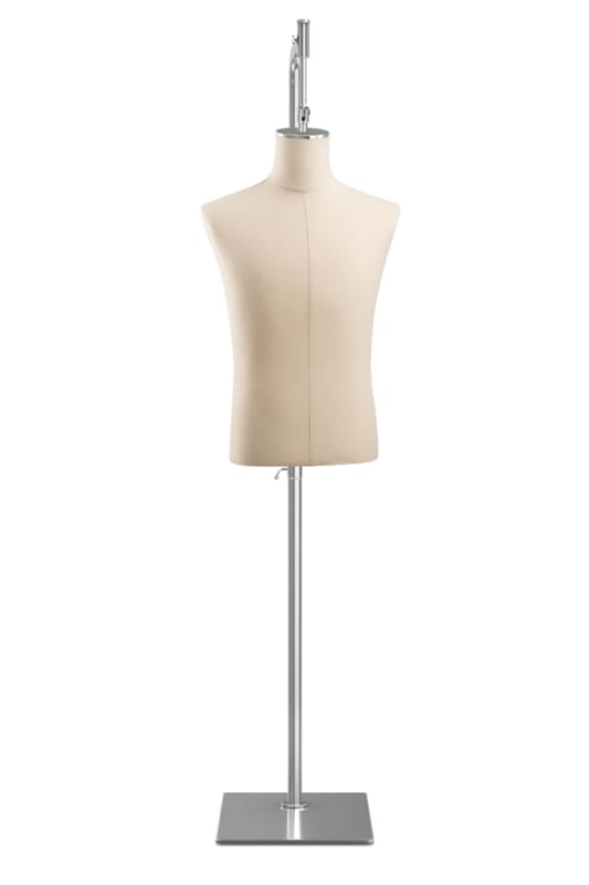 Male display dress form with natural canvas torso on metal hanging base - adjustable retail mannequin for boutiques and designers