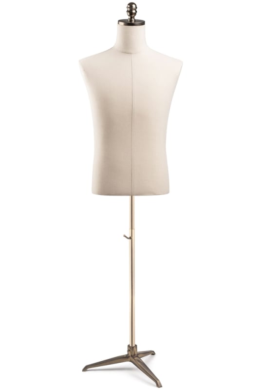 Male display dress form with natural canvas torso on metal tripod base - adjustable retail mannequin for boutiques and designers