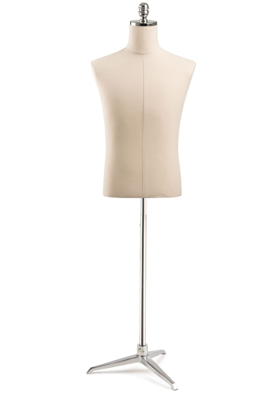 Male display dress form with natural canvas torso on metal tripod base - adjustable retail mannequin for boutiques and designers