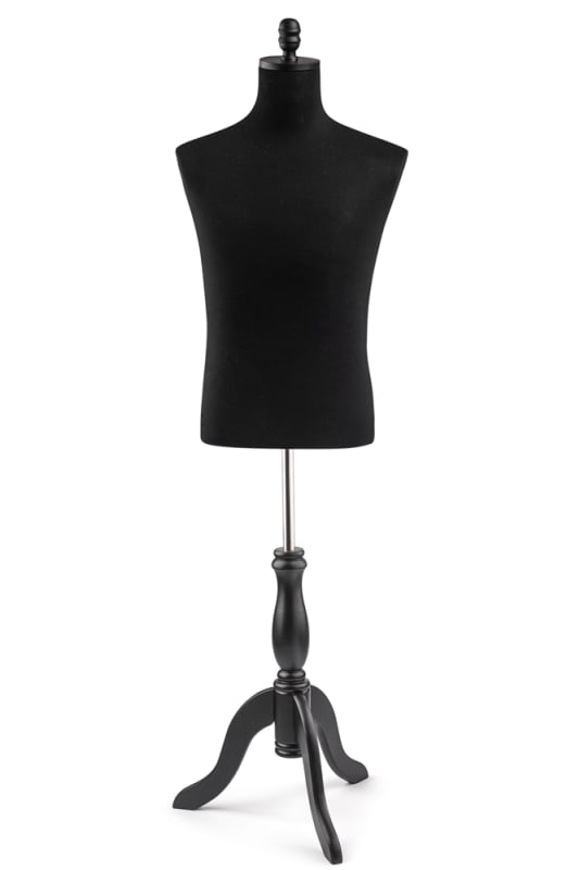 Male display dress form with natural canvas torso on wooden tripod base adjustable retail mannequin for boutiques and designers