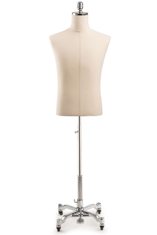 Male display dress form with natural canvas torso on metal rolling base - adjustable retail mannequin for boutiques and designers