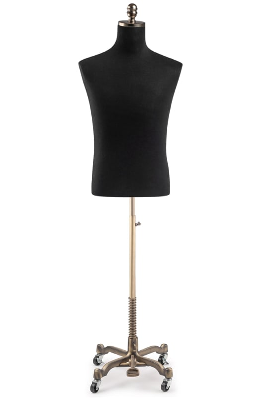 Male display dress form with natural canvas torso on metal rolling base adjustable retail mannequin for boutiques and designers