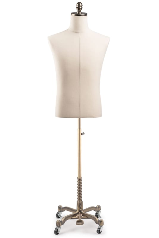 Male display dress form with natural canvas torso on metal rolling base - adjustable retail mannequin for boutiques and designers
