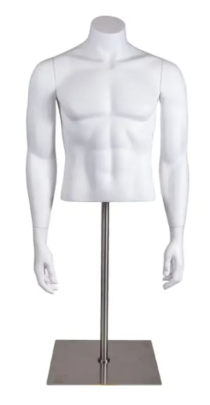 headless male torso display form with arms at sides and stainless steel base for retail clothing merchandising
