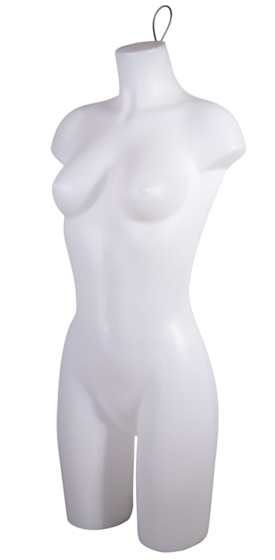 Headless 3/4 female torso display form made of unbreakable plastic with wire neck loop and 7/8 inch flange base support