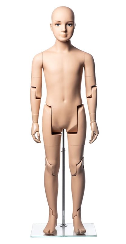 Realistic fiberglass 10T child mannequin with posable articulated joints and lifelike features on display base