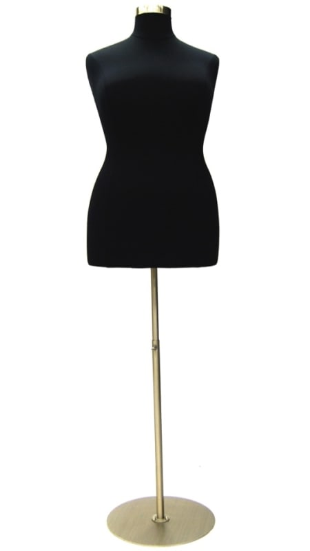 Female foam covered dress form size 14/16 with a round metal base and matching neck cap. Female foam covered dress form size 14/16 with a round metal base and matching neck cap.