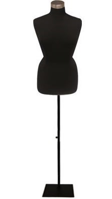 Female foam covered dress form size 14/16 featuring a black metal base and chrome neck cap. Female foam covered dress form size 14/16 featuring a black metal base and chrome neck cap.