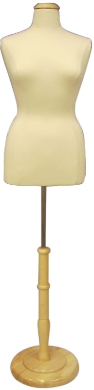 Female foam covered dress form in size 14/16 with a natural round wood base and neck cap. Female foam covered dress form in size 14/16 with a natural round wood base and neck cap.