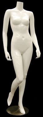 Headless glossy white female mannequin with right leg bent wearing high heels for fashion retail display