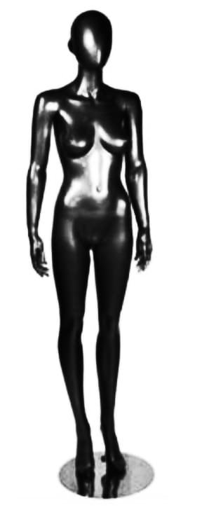 Glossy black abstract head female mannequin in straight pose with removable limbs for fashion retail display