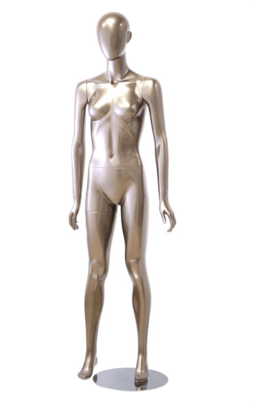Metallic pewter abstract head female mannequin standing with legs apart and removable limbs for fashion retail display