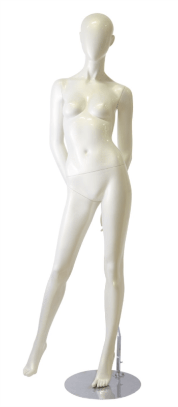 Pearl white abstract head female mannequin standing with hands behind back and removable limbs for fashion retail display Pearl white abstract head female mannequin standing with hands behind back and removable limbs for fashion retail display