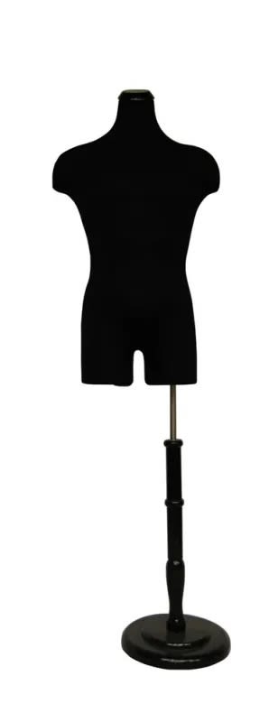 Male 3/4 body form with black jersey covering and round wood black base Male 3/4 body form with black jersey covering and round wood black base