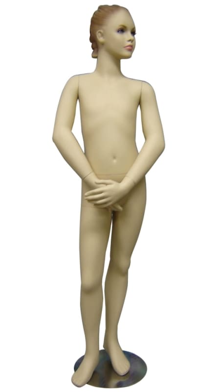 Realistic 56-inch tall female child mannequin in fleshtone fiberglass with arms crossed and a chrome steel base for retail clothing displays.