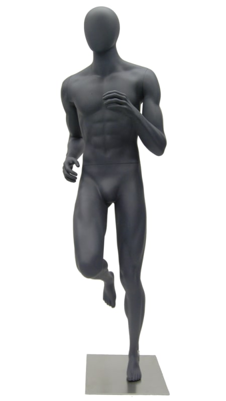 Athletic male egghead mannequin with a ripped muscular build in matte gray fiberglass, featuring a square brushed metal base.