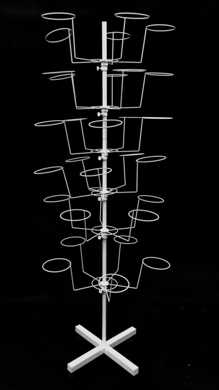 6-tier metal hat rack in white featuring 30 circular wire hooks and a mobile base with wheels.