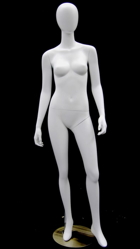 Semi-matte white female egghead mannequin with a hip-jutting pose on a round steel base.