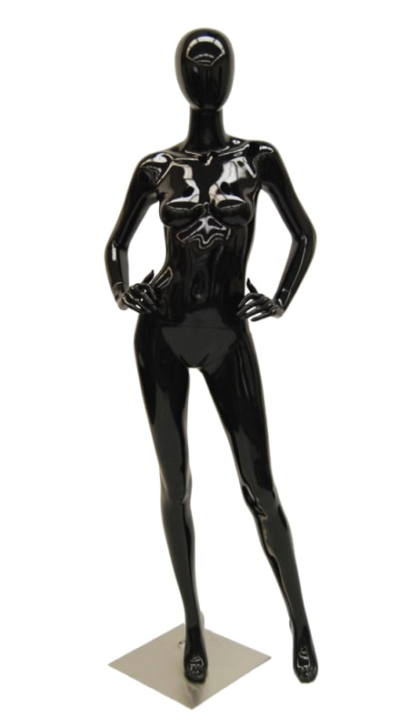 Arrita egghead female mannequin in a glossy black finish standing on a round chrome base for retail clothing display.