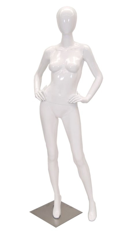 Glossy white female egghead mannequin in a hands-on-hips pose standing on a polished chrome base with dual support rods.