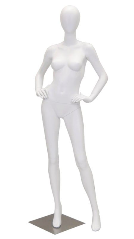 Arrita matte white female fiberglass mannequin in a natural standing pose on a round chrome base with foot and ankle support rods.