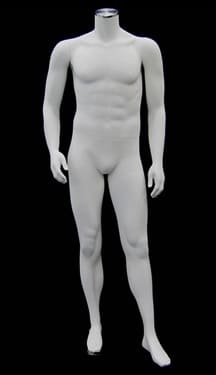 Headless male mannequin in matte white fiberglass with magnetic arms and a dual-support glass base.