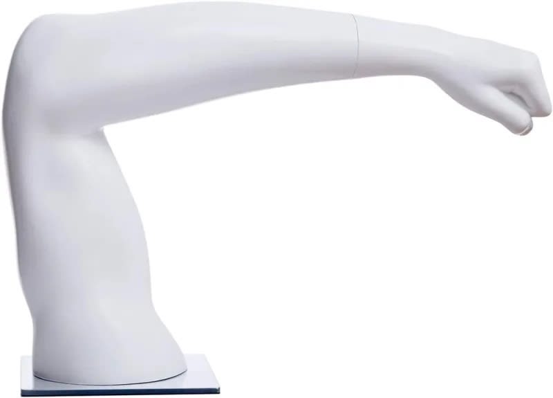 Glossy white tabletop muscular arm display mannequin with steel base