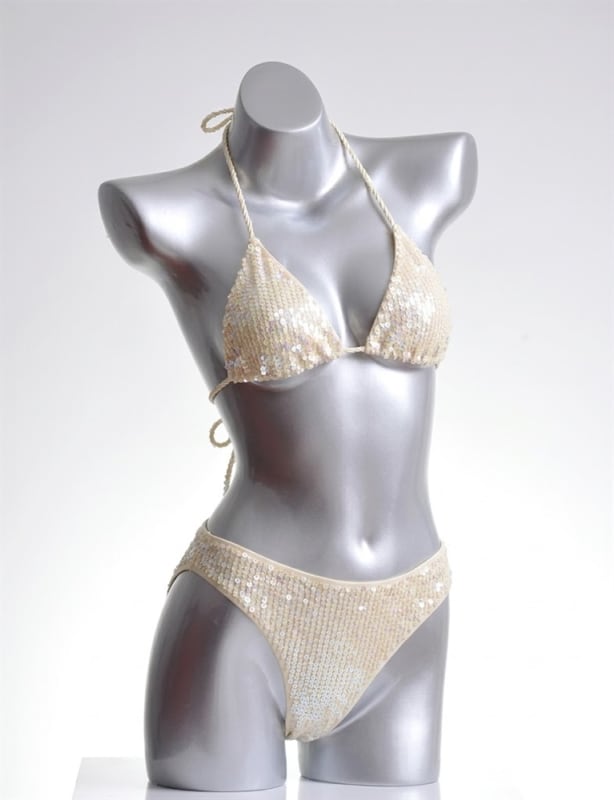 Silver fiberglass headless female 3/4 mannequin torso for tabletop retail apparel displays