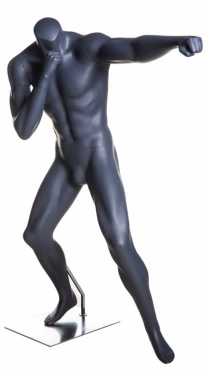 Headless gray male MMA boxing mannequin in jab punch pose for combat sports apparel and retail display