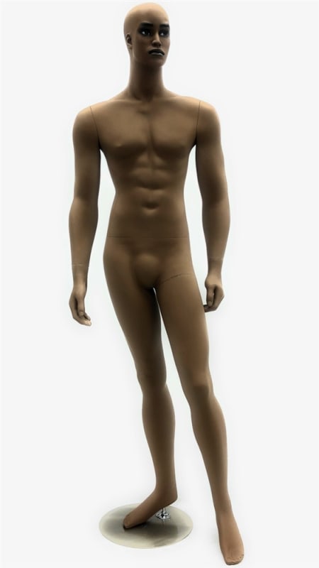 Realistic tan male athletic mannequin with muscular physique for retail apparel displays