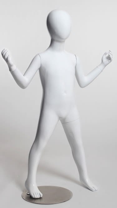 Glossy white 3-year-old child mannequin with an egghead design made of sturdy fiberglass on a brushed metal base.