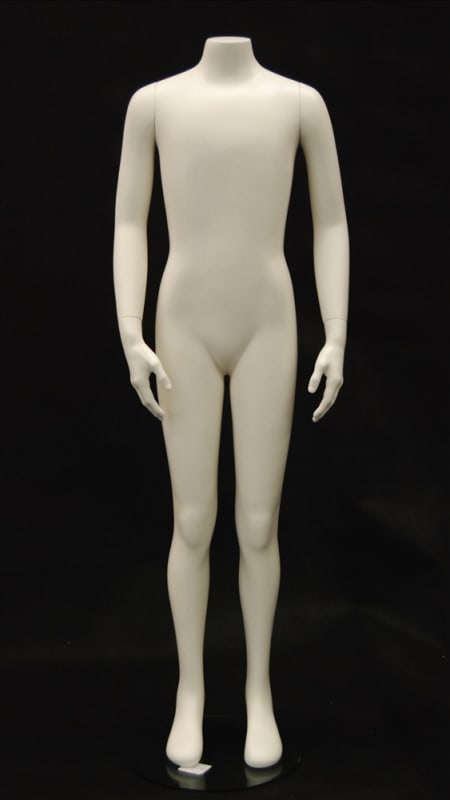 Matte white headless child mannequin for 12-13 year old clothing on a round metal base.
