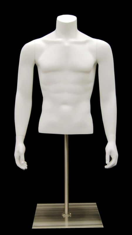 Male headless upper torso mannequin in matte white fiberglass with a satin metal base for formal wear retail display.