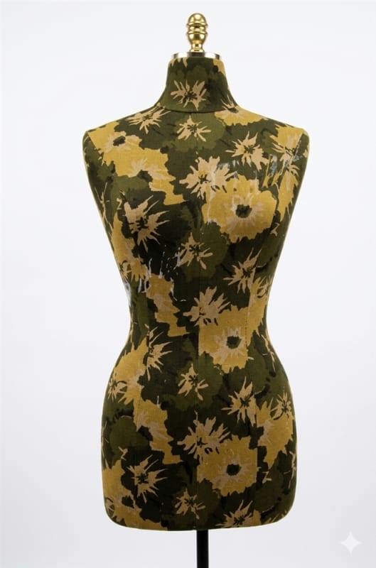 Ladies size 6-7 torso form in a black and white floral fabric pattern with matching neck cap and base. Ladies size 6-7 torso form in a black and white floral fabric pattern with matching neck cap and base.