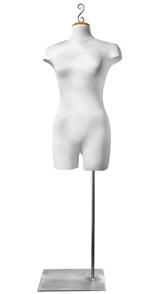 white fabric female 3/4 torso form with raw steel base and natural neck block finial