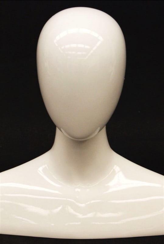 Abstract female egghead mannequin display made of fiberglass with a high gloss finish and shoulder base for retail accessories.