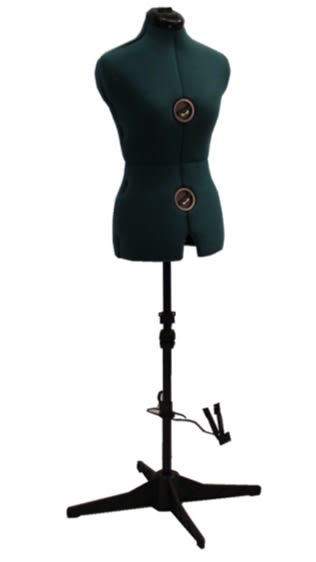 Adjustable green female dress form with 11 total adjustment dials and height-adjustable base for sewing and retail display.