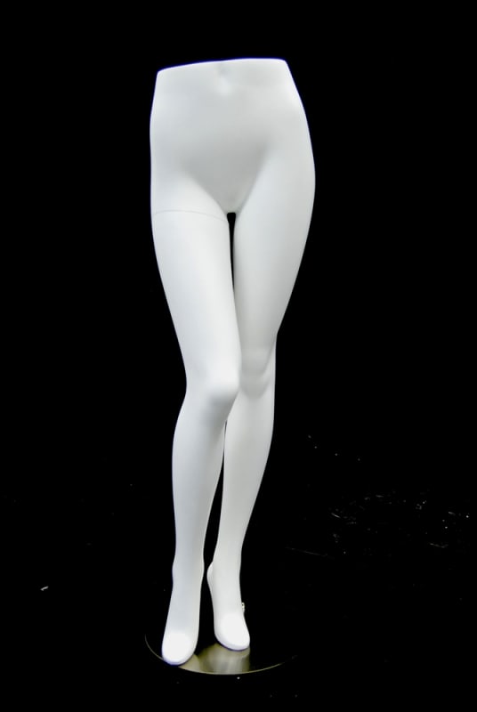 Female mannequin legs in a classic pose with a satin white finish and a stable display base for retail fashion merchandising.