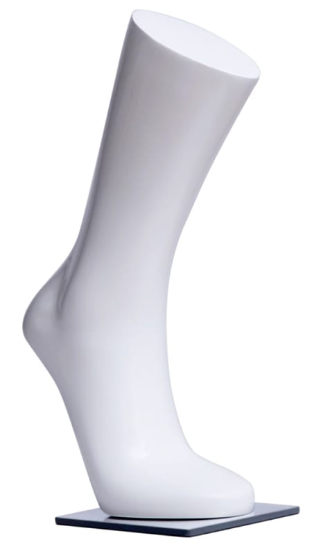 Glossy white fiberglass female foot display with a stable base for retail footwear and hosiery showcases.