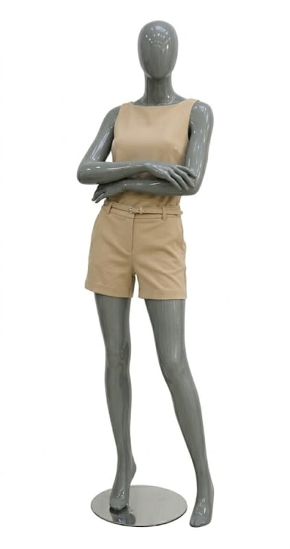 Glossy grey female fiberglass mannequin with arms crossed pose and metal base for modern retail clothing display