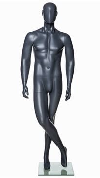 Grey fiberglass male mannequin with soft facial features in a standing crossed-leg pose on a metal base.