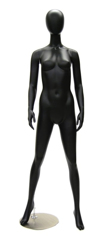 Modern satin black fiberglass female mannequin with an egg head design on a stable base with two supporting rods.
