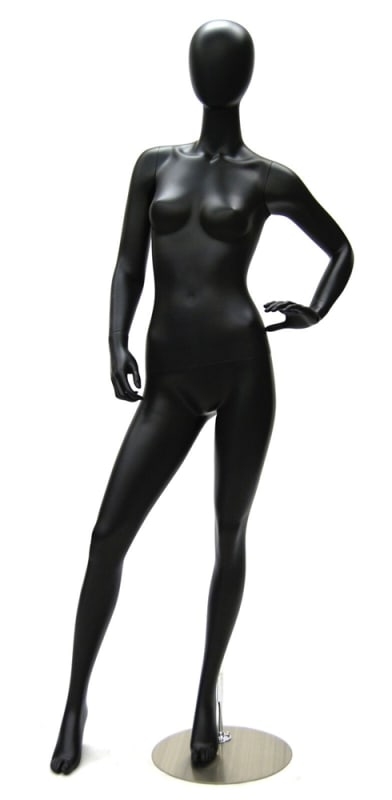 Satin black fiberglass female mannequin with a modern egg head design on a stable round base for retail apparel displays.