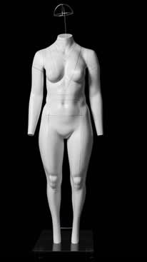 Plus size female ghost mannequin in matte white fiberglass with removable sections and rolling base for invisible apparel photography
