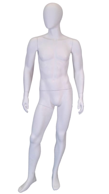 Matte white male egghead mannequin made of fiberglass standing on a round glass base. Matte white male egghead mannequin made of fiberglass standing on a round glass base.