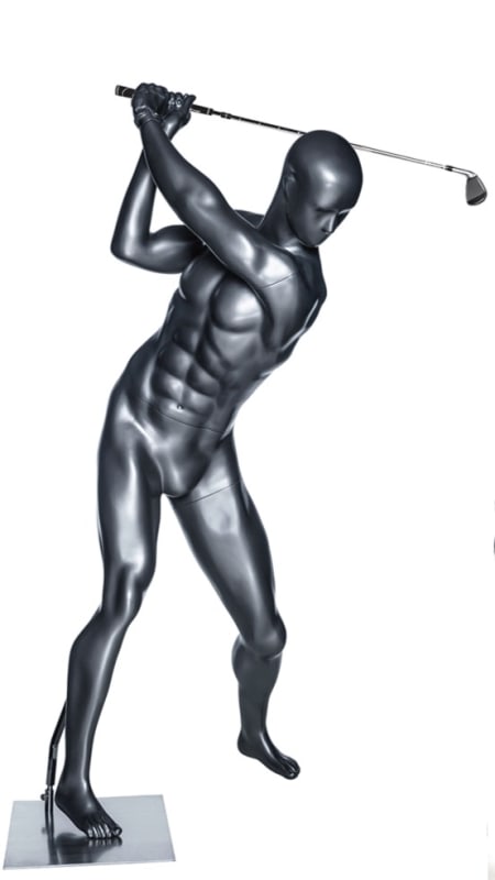 Full-body male golf mannequin in a dynamic swinging pose with a glossy gray finish, mounted on a square base with calf support.